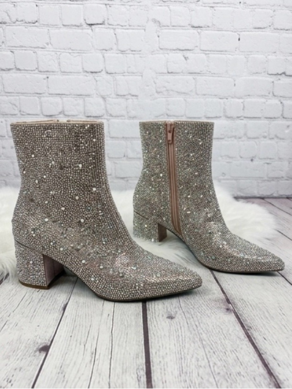 Betsey Johnson Silver Crystal Embellished Pointed Ankle Boots ‘Blue’ - Picture 6 of 9